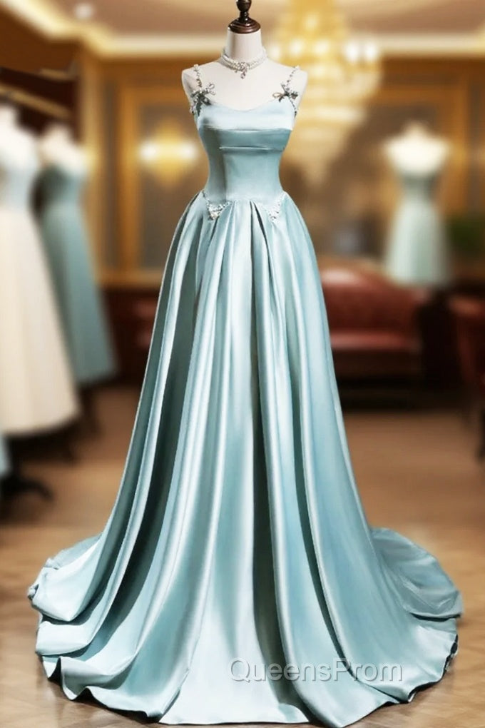 Blue Satin A-line Beaded Long Party Dress Evening Prom Dress, Blue Evening Dress Main image