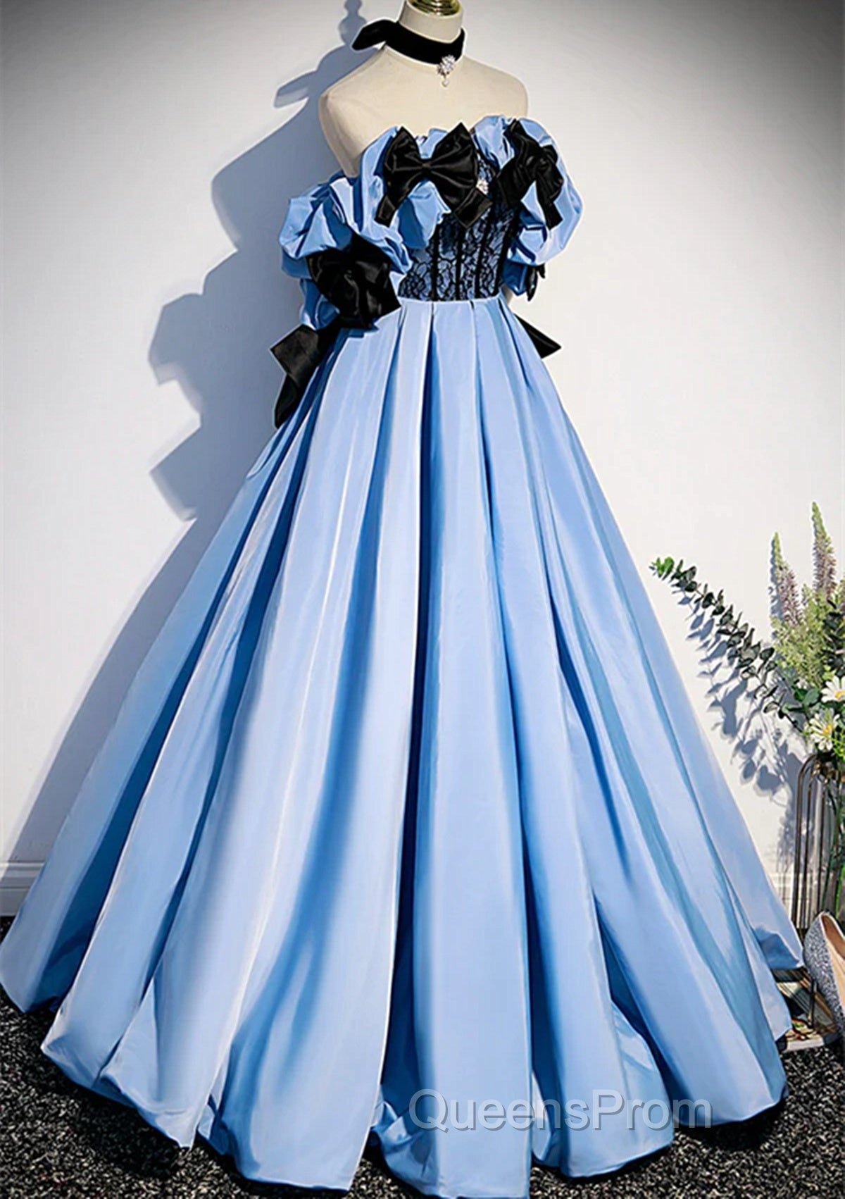Blue Satin A-Line Long Evening Prom Dress With Black Bow, Off The Shoulder Blue Long Party Dress Secondary image