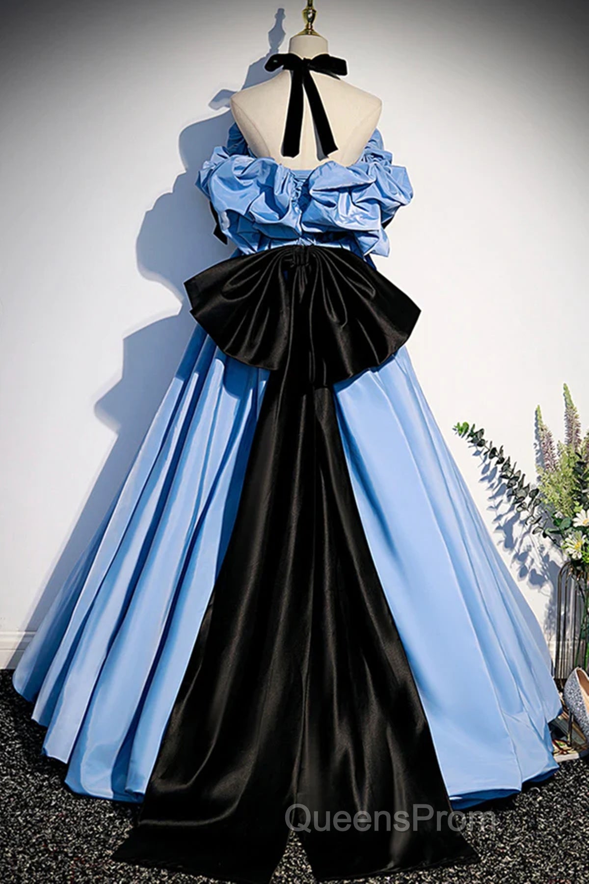 Blue Satin A-Line Long Evening Prom Dress With Black Bow, Off The Shoulder Blue Long Party Dress