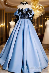 Blue Satin A-Line Long Evening Prom Dress With Black Bow, Off The Shoulder Blue Long Party Dress