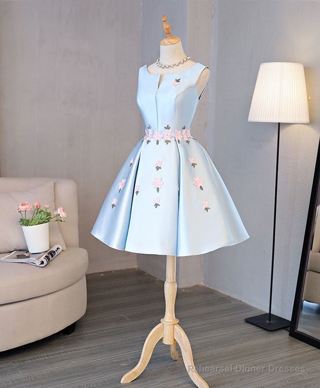 Blue Satin Applique Short Prom Dress, Blue Homecoming Dress Secondary image