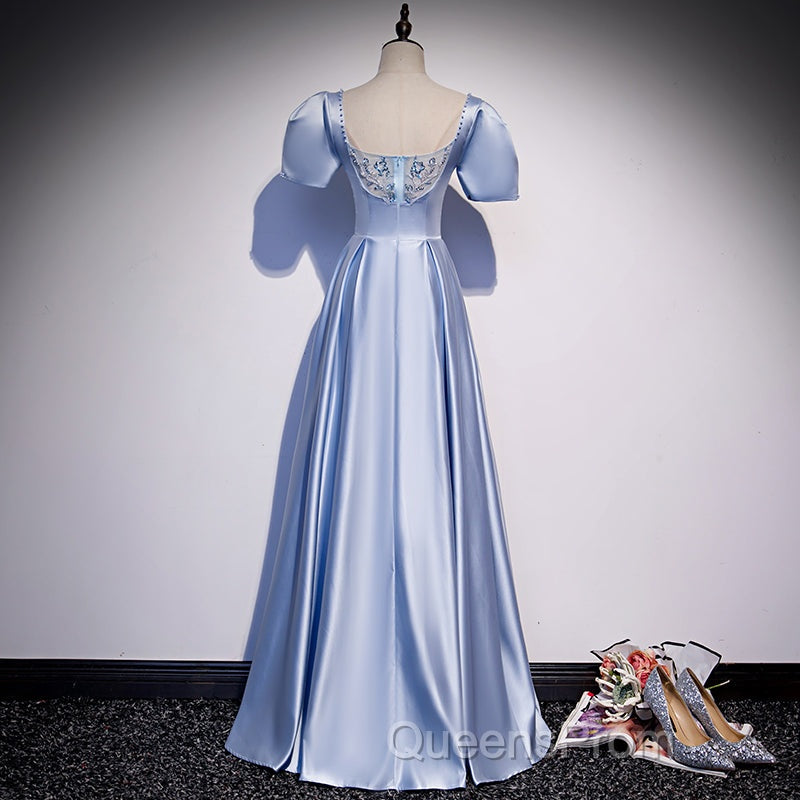 Blue Satin Beaded A-Line Long Party Dress, Blue Evening Prom Party Dress Formal Dress