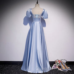 Blue Satin Beaded A-Line Long Party Dress, Blue Evening Prom Party Dress Formal Dress