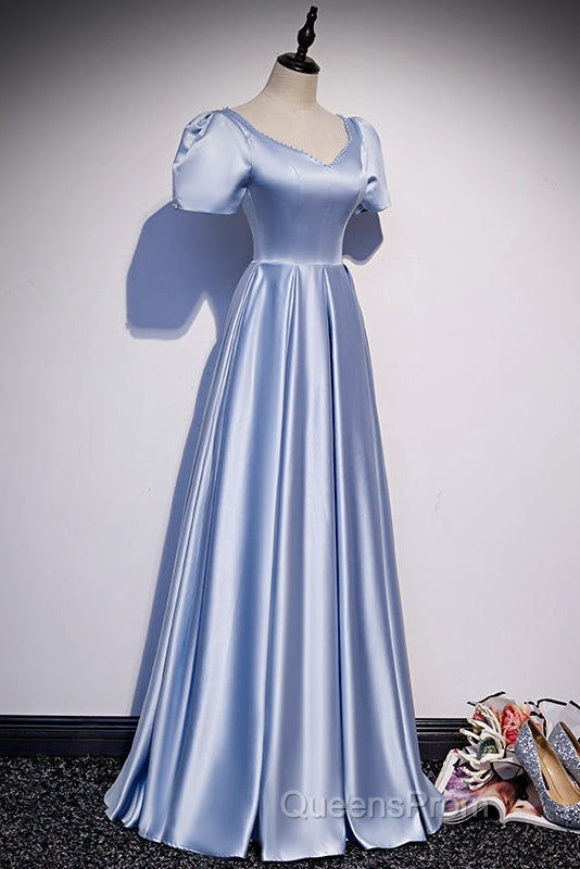 Blue Satin Beaded A-Line Long Party Dress, Blue Evening Prom Party Dress Formal Dress