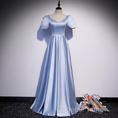 Blue Satin Beaded A-Line Long Party Dress, Blue Evening Prom Party Dress Formal Dress