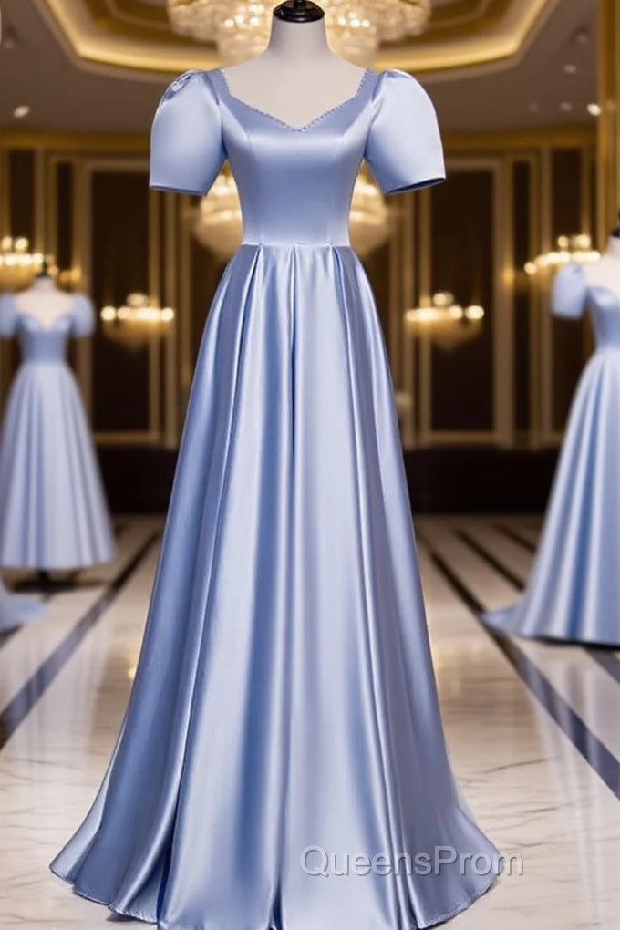 Blue Satin Beaded A-Line Long Party Dress, Blue Evening Prom Party Dress Formal Dress Main image