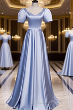 Blue Satin Beaded A-Line Long Party Dress, Blue Evening Prom Party Dress Formal Dress