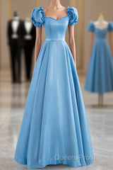 Blue Satin Beaded Floor Length Evening Prom Dress, Blue A-Line Short Sleeve Evening Dress