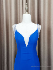 Blue Satin Beads Long Mermaid Prom Dress Blue Formal Dress