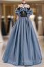 Blue Satin Black Lace Strapless Evening Prom Dress