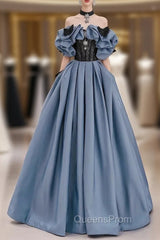 Blue Satin Black Lace Strapless Evening Prom Dress