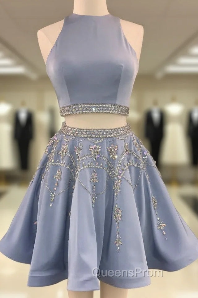 Blue Satin Crystal Beaded Skirt Two Piece Short Homecoming Dress Main image