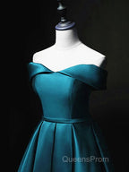 Blue Satin Cute Knee Length Short Evening Prom Dress Homecoming Dress, Off Shoulder Formal Dress