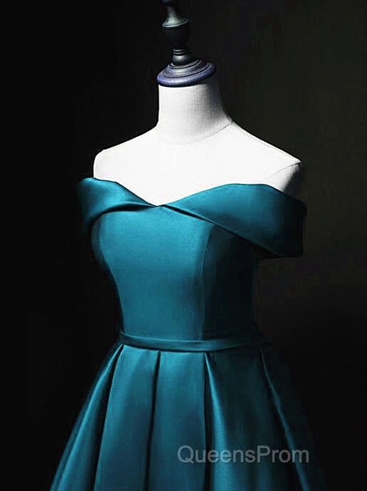 Blue Satin Cute Knee Length Short Evening Prom Dress Homecoming Dress, Off Shoulder Formal Dress