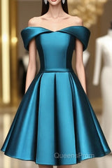 Blue Satin Cute Knee Length Short Evening Prom Dress Homecoming Dress, Off Shoulder Formal Dress