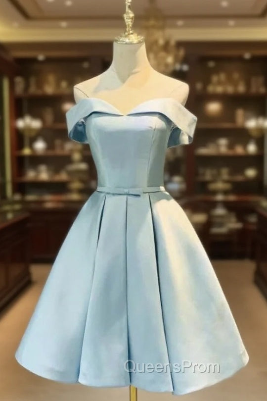 Blue Satin Cute Short Homecoming Dress, Off Shoulder Party Dress Main image
