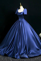 Blue Satin Floor Length Evening Dress, Elegant Off The Shoulder Evening Party Dress