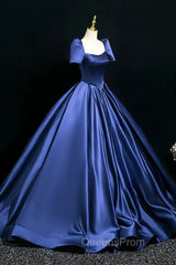 Blue Satin Floor Length Evening Dress, Elegant Off The Shoulder Evening Party Dress