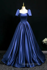 Blue Satin Floor Length Evening Dress, Elegant Off The Shoulder Evening Party Dress