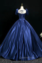 Blue Satin Floor Length Evening Dress, Elegant Off The Shoulder Evening Party Dress