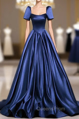 Blue Satin Floor Length Evening Dress, Elegant Off The Shoulder Evening Party Dress