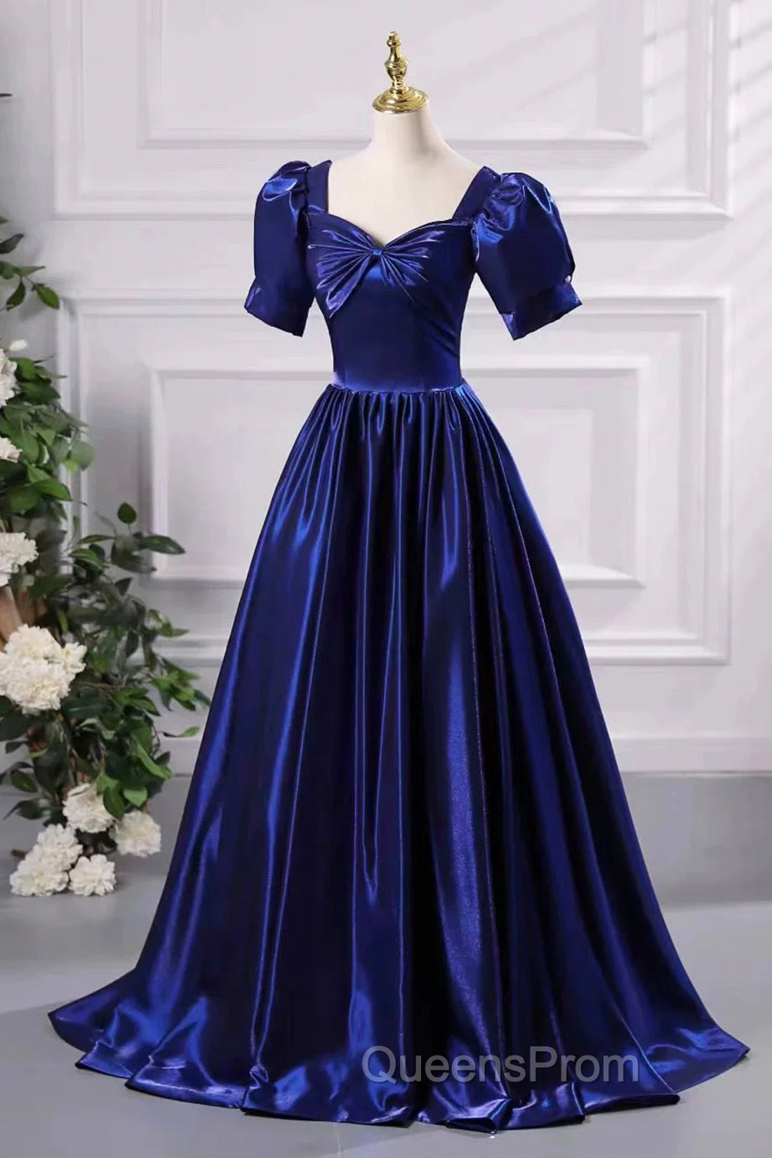 Blue Satin Floor Length Evening Prom Dress, A-Line Short Sleeve Backless Evening Party Dress Secondary image