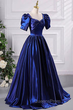Blue Satin Floor Length Evening Prom Dress, A-Line Short Sleeve Backless Evening Party Dress
