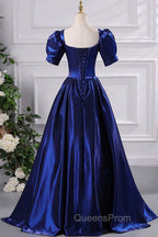 Blue Satin Floor Length Evening Prom Dress, A-Line Short Sleeve Backless Evening Party Dress