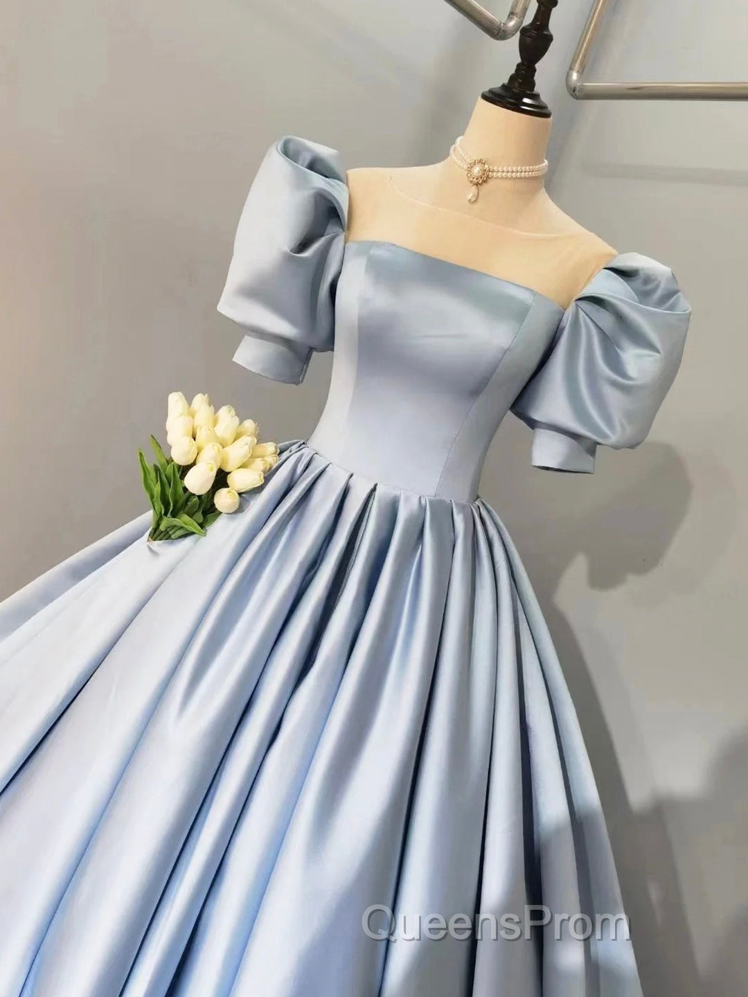 Blue Satin Floor Length Evening Prom Dress, A-Line Short Sleeve Evening Party Dress Secondary image