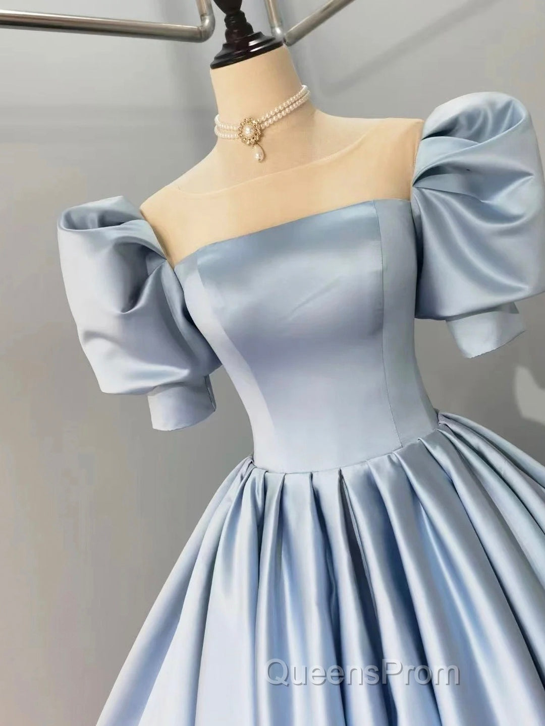 Blue Satin Floor Length Evening Prom Dress, A-Line Short Sleeve Evening Party Dress
