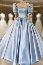 Blue Satin Floor Length Evening Prom Dress, A-Line Short Sleeve Evening Party Dress
