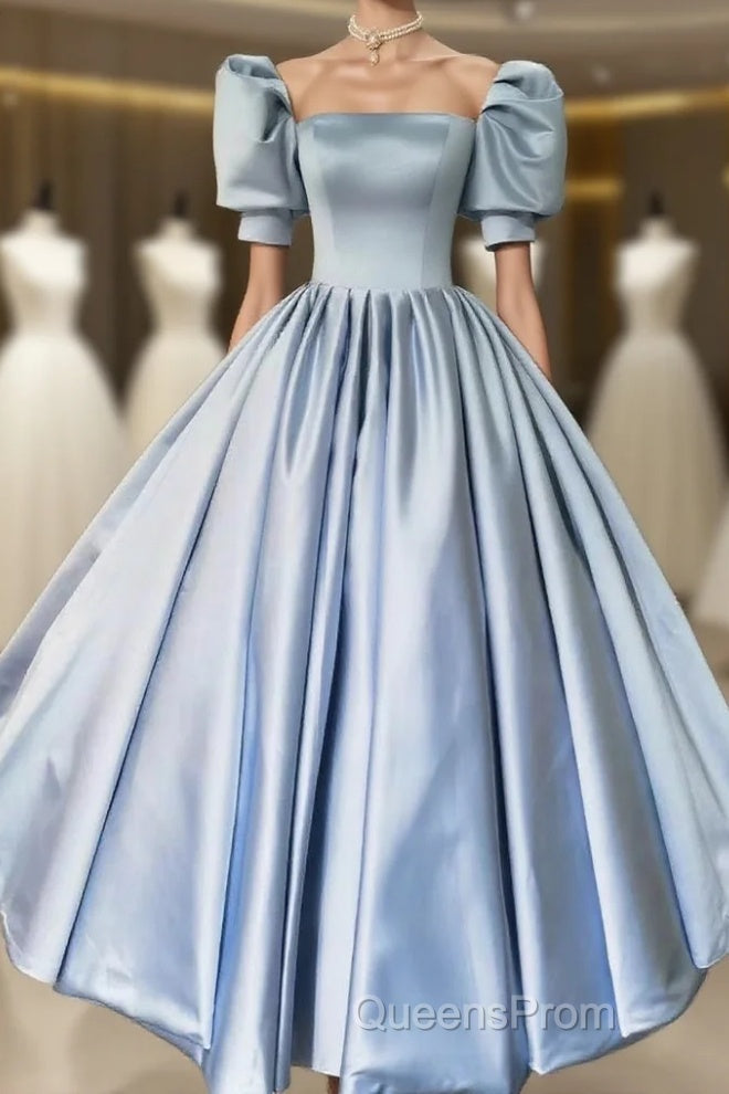 Blue Satin Floor Length Evening Prom Dress, A-Line Short Sleeve Evening Party Dress