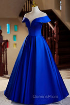 Blue Satin Floor Length Evening Prom Dress, Elegant A-Line Evening Party Dress