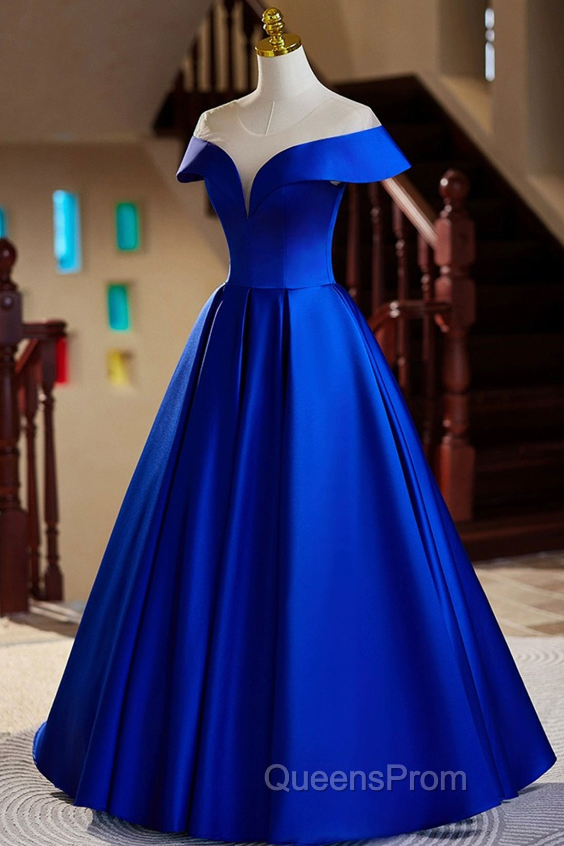 Blue Satin Floor Length Evening Prom Dress, Elegant A-Line Evening Party Dress