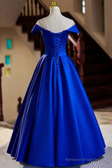 Blue Satin Floor Length Prom Dress, Elegant A-Line Evening Party Dress