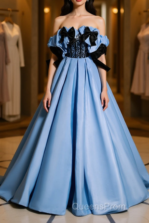 Blue satin lace long Evening Prom Dress blue satin evening Dress Main image