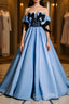 Blue satin lace long Evening Prom Dress blue satin evening Dress