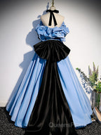 Blue satin lace long Evening Prom Dress blue satin evening Dress