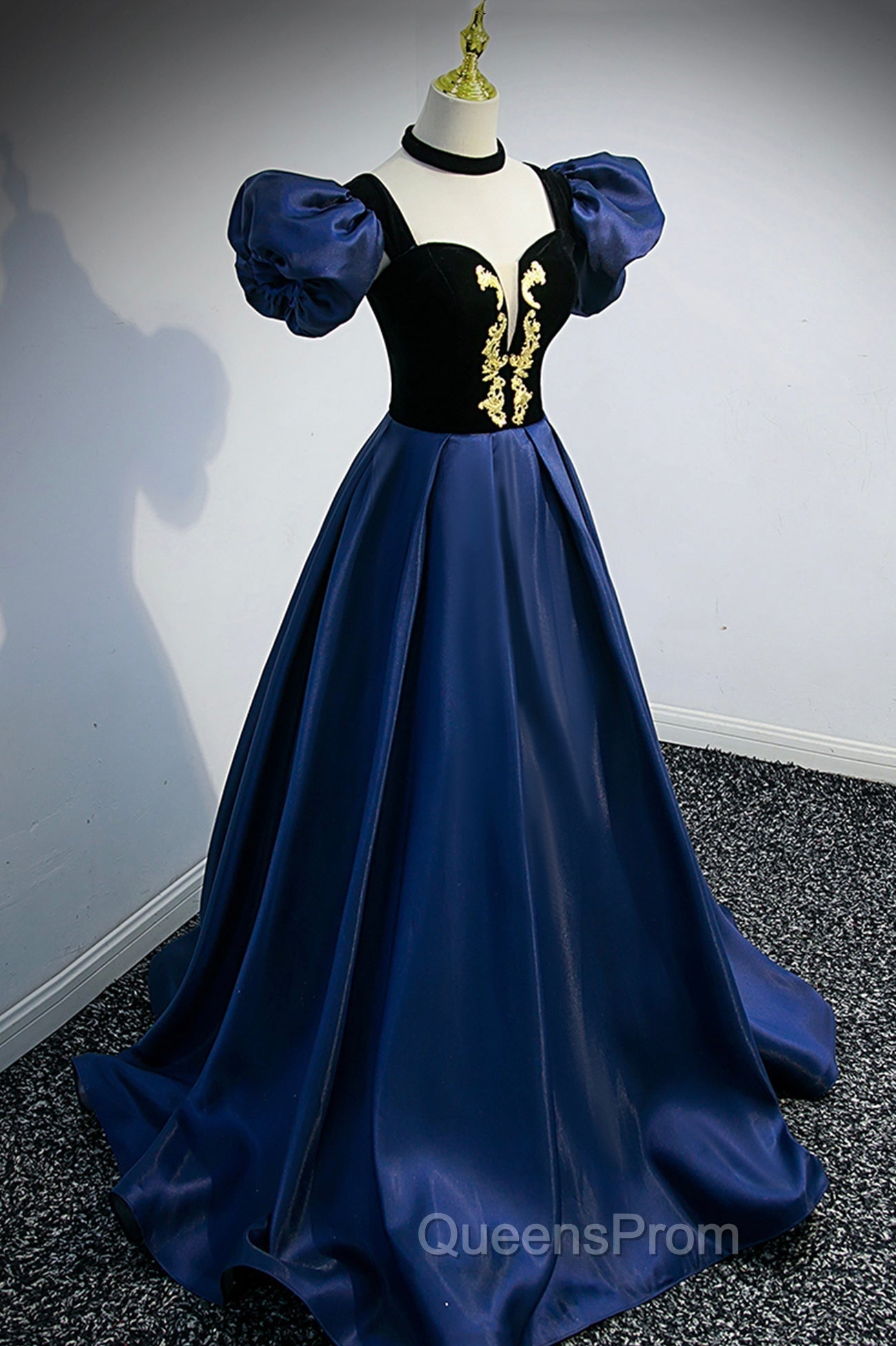 Blue Satin Lace Long Evening Prom Dress, Blue Short Sleeve Evening Party Dress