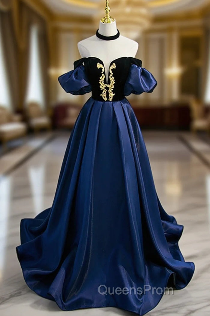 Blue Satin Lace Long Evening Prom Dress, Blue Short Sleeve Evening Party Dress