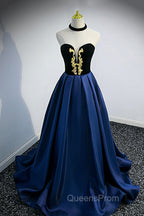Blue Satin Lace Long Evening Prom Dress, Blue Short Sleeve Evening Party Dress