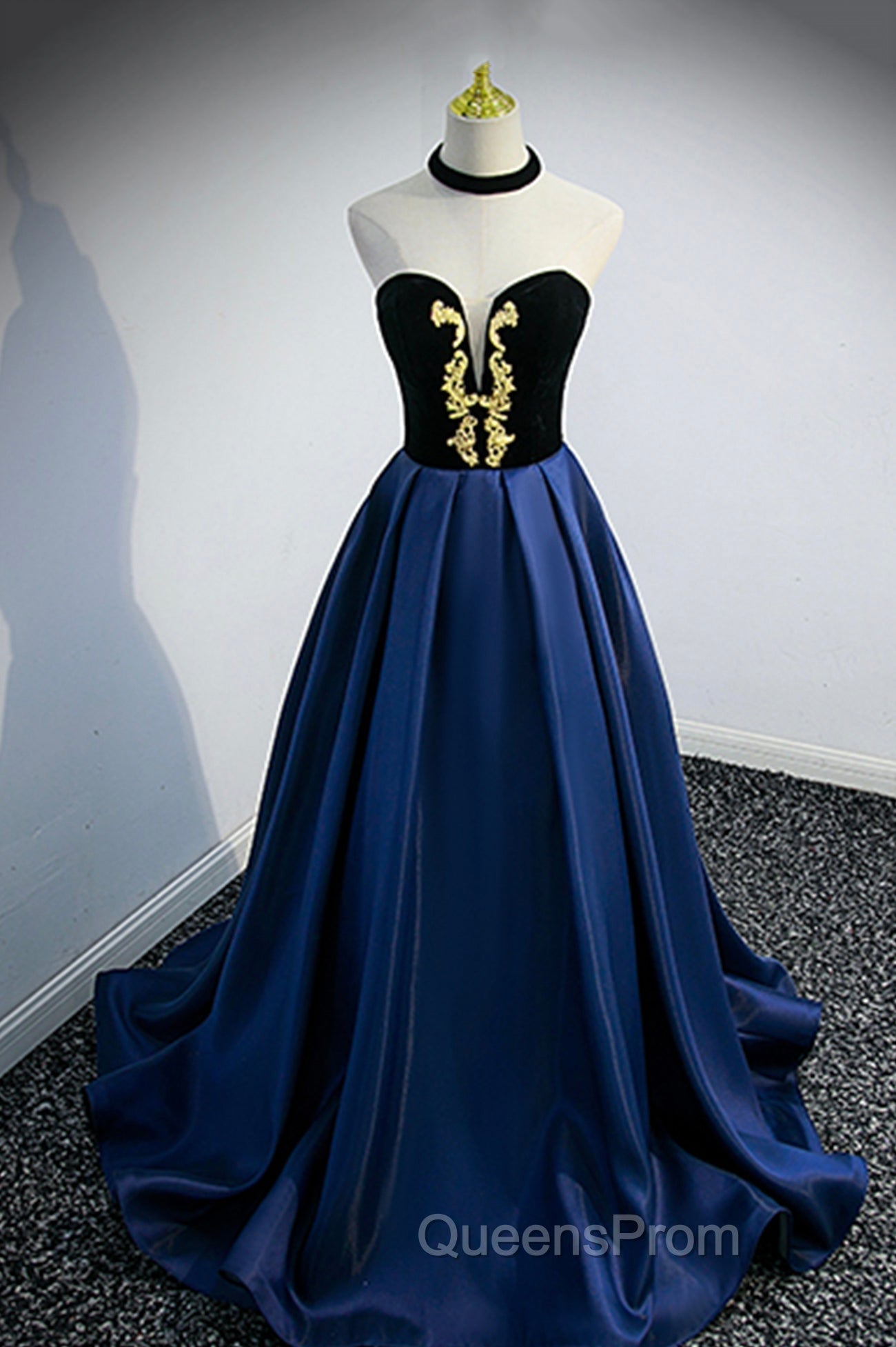 Blue Satin Lace Long Evening Prom Dress, Blue Short Sleeve Evening Party Dress
