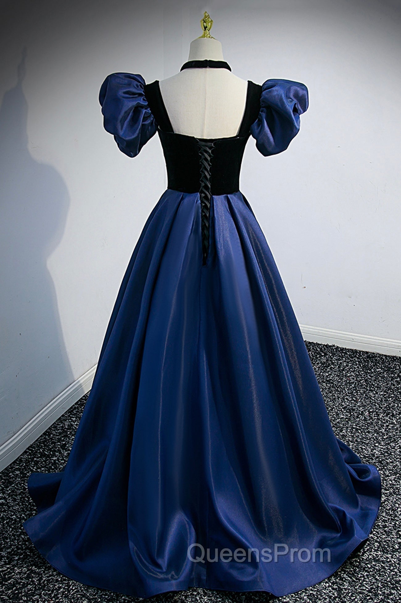 Blue Satin Lace Long Evening Prom Dress, Blue Short Sleeve Evening Party Dress