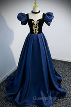 Blue Satin Lace Long Evening Prom Dress, Blue Short Sleeve Evening Party Dress