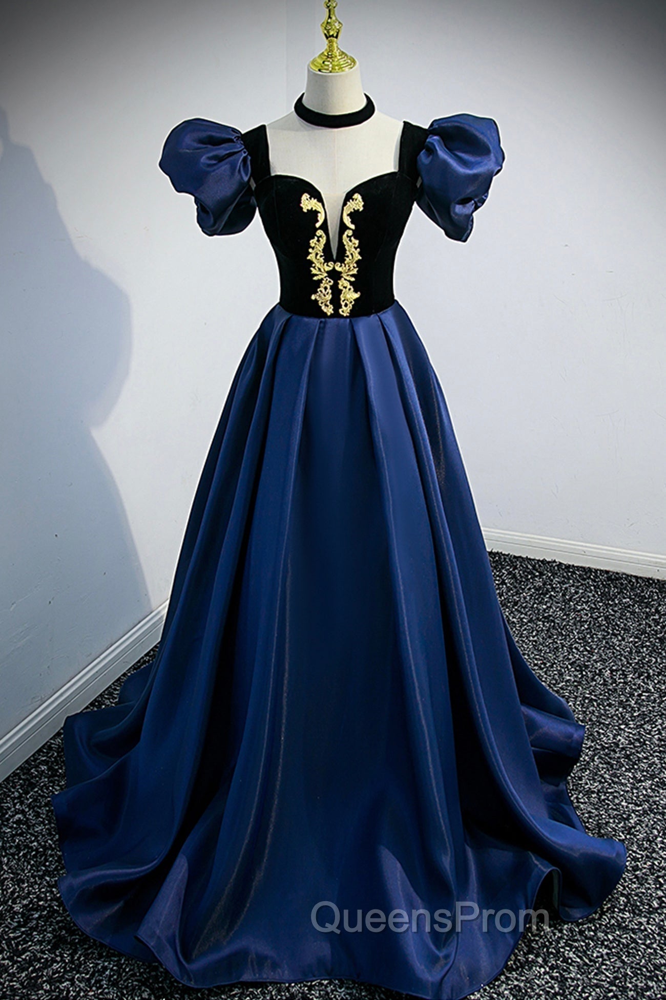Blue Satin Lace Long Evening Prom Dress, Blue Short Sleeve Evening Party Dress