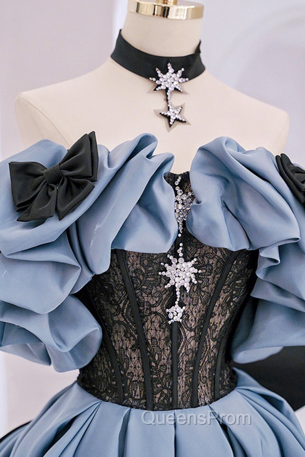 Blue Satin Lace Long Evening Prom Dress, Off Shoulder Evening Party Dress Secondary image