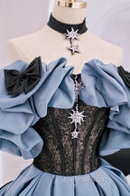 Blue Satin Lace Long Evening Prom Dress, Off Shoulder Evening Party Dress