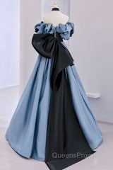 Blue Satin Lace Long Evening Prom Dress, Off Shoulder Evening Party Dress