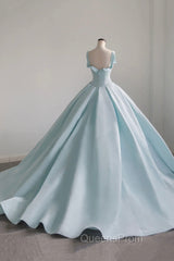Blue Satin Long A-Line Evening Dress, Blue Evening Prom Evening Dress
