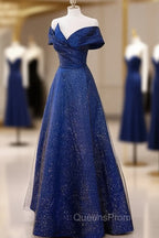 Blue Satin Long A-line Evening Dress Evening Prom Dress, Off Shoulder Blue Evening Dress